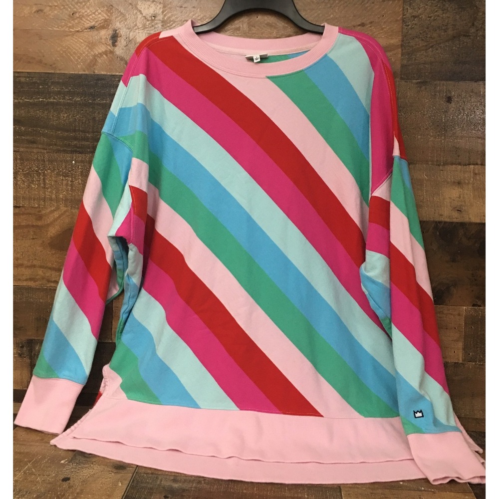 Striped Rainbow Boho Top Women Large Oversized Sweater Classic Cozy Retro Whimsy